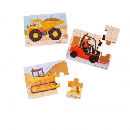 Set 3 puzzle din lemn - Vehicule pentru constructii, BIGJIGS Toys, 2-3 ani + [2]