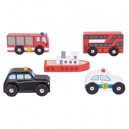 Jucarii baieti - Set 5 vehicule din lemn, BIGJIGS Toys, 2-3 ani +