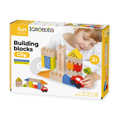 Jucarii din lemn - Set blocuri de constructie din lemn -  Oras, 18 piese