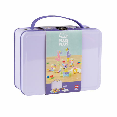 Jocuri de indemanare - Set constructie Plus-Plus, 600 piese, portabil, in cutie metalica, culori pastelate