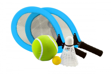 Jucarii copii 2-3 ani - Set de 2 palete tenis moi pentru parc si plaja - 2 mingi si fluturas badminton, în rucsac, culoare albastru