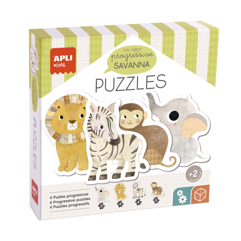 Jucarii bebelusi - Set de 4 puzzle-uri progresive - Animale din savana (3-5 piese), Apli Kids, +2 ani