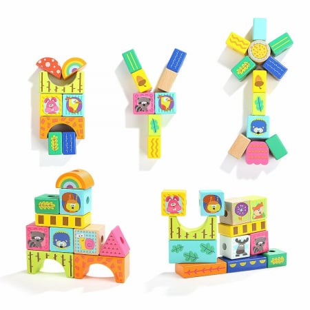 Cuburi din lemn - Set de constructie Animalute din padure, cuburi din lemn, Topbright, 1-2 ani +