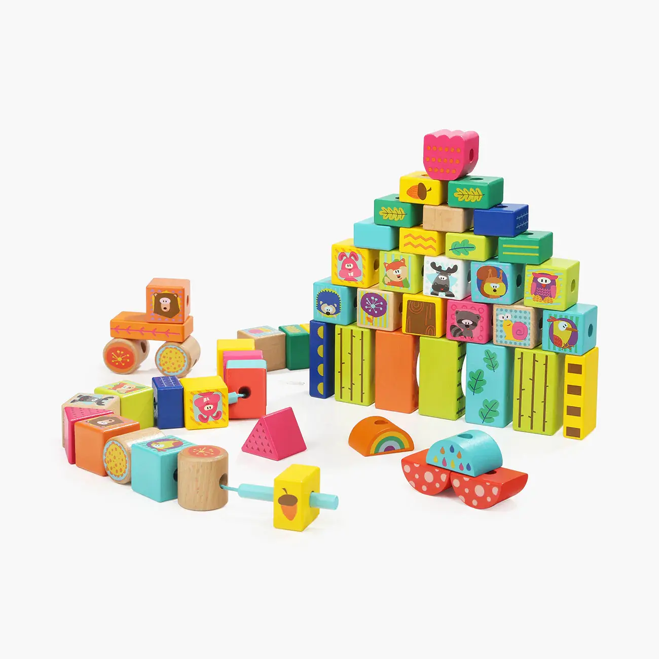 Set de constructie Animalute din padure, cuburi din lemn, Topbright, 1-2 ani + [1]