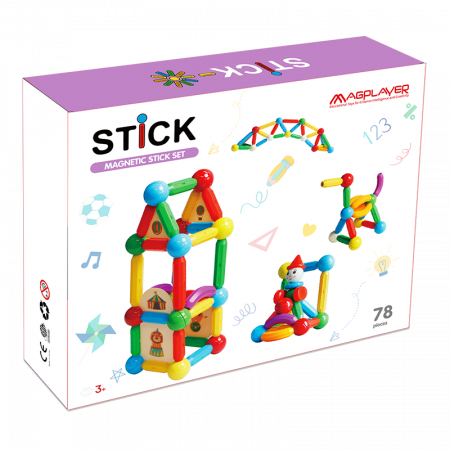 Jocuri cu magneti - Set de constructie magnetic - STICK (78 piese), MAGPLAYER, 3 - 10 ani