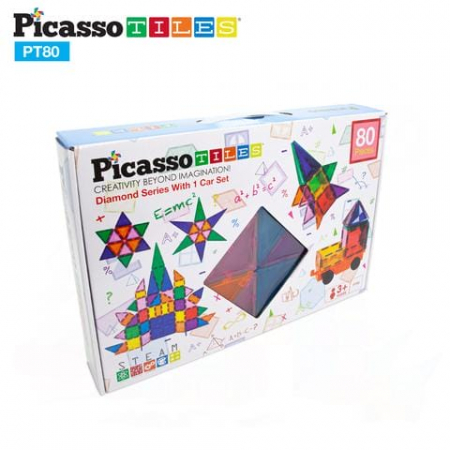 Seturi de construit - Set de construit Magnetic PicassoTiles 80 de piese cu o mașinuță, + 3 ani