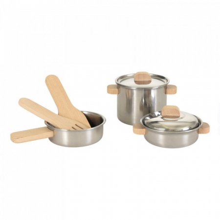 Jucarii si jocuri copii - Set de vase de inox cu manere din lemn, Egmont Toys, 3 ani+
