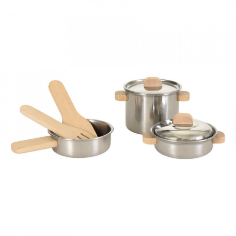 Jucarii copii 2-3 ani - Set de vase de inox cu manere din lemn, Egmont Toys, 3 ani+