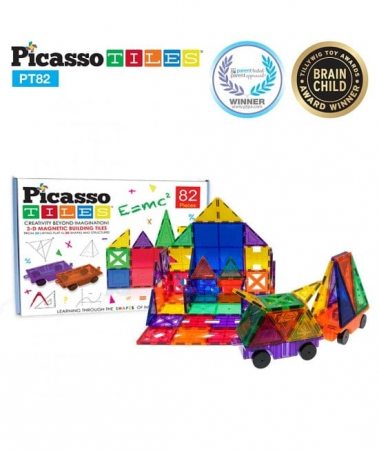 Seturi de construit - Set magnetic de construit PicassoTiles 82 de piese cu 2 masinuțe, 10 forme diferite, + 3 ani