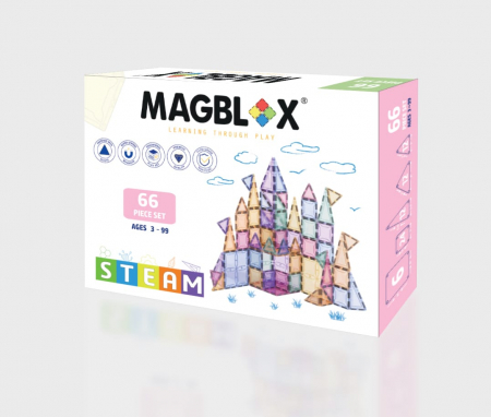 Jucarii copii 4-5 ani - Set magnetic Magblox - 66 piese magnetice de constructie PASTEL transparente
