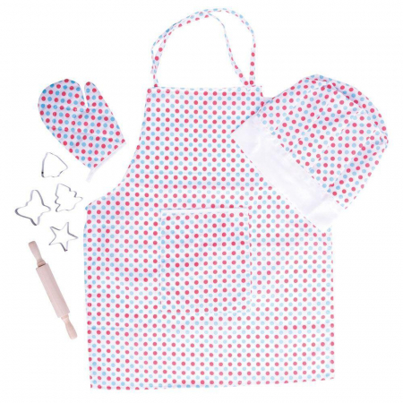 Bucatarii copii - Set sortulet si accesorii alb cu buline, BIGJIGS Toys, 2-3 ani +
