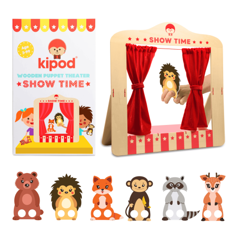 Jucarii si jocuri copii - Teatru de papusi din lemn pentru masa, pliabil, cu figurine incluse Kipod