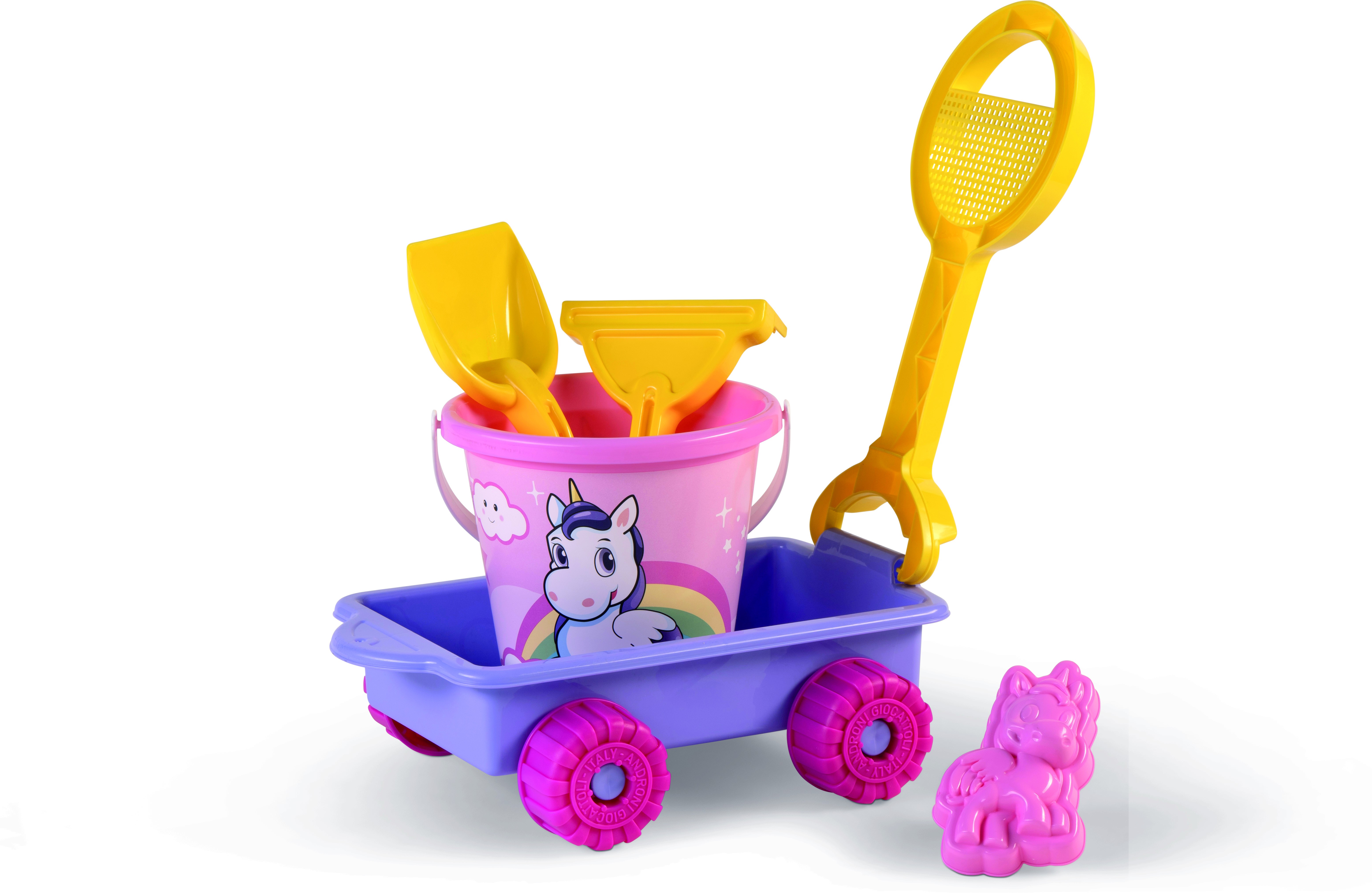 Jucarii de exterior - Carucior Unicorn cu unelte pentru apa si nisip si galetusa incluse