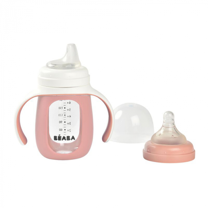 Biberon de invatare 2 in 1 din Sticla Beaba 210 ml Old Pink [2]