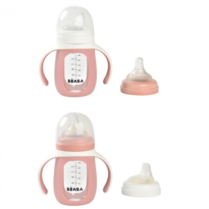 Biberon de invatare 2 in 1 din Sticla Beaba 210 ml Old Pink [3]