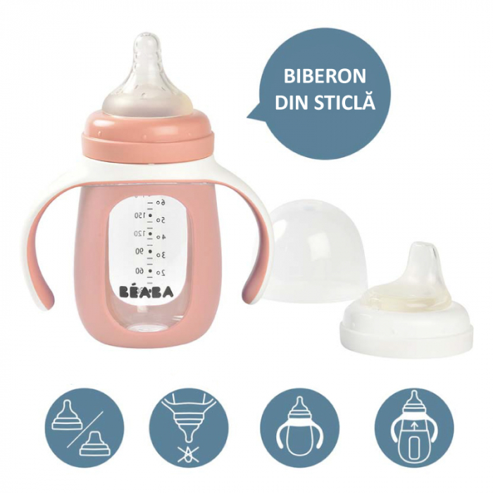 Biberon de invatare 2 in 1 din Sticla Beaba 210 ml Old Pink [4]