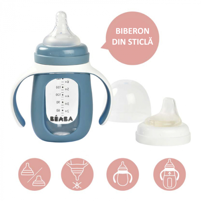Biberon de invatare 2 in 1 din Sticla Beaba 210 ml Windy Blue [4]