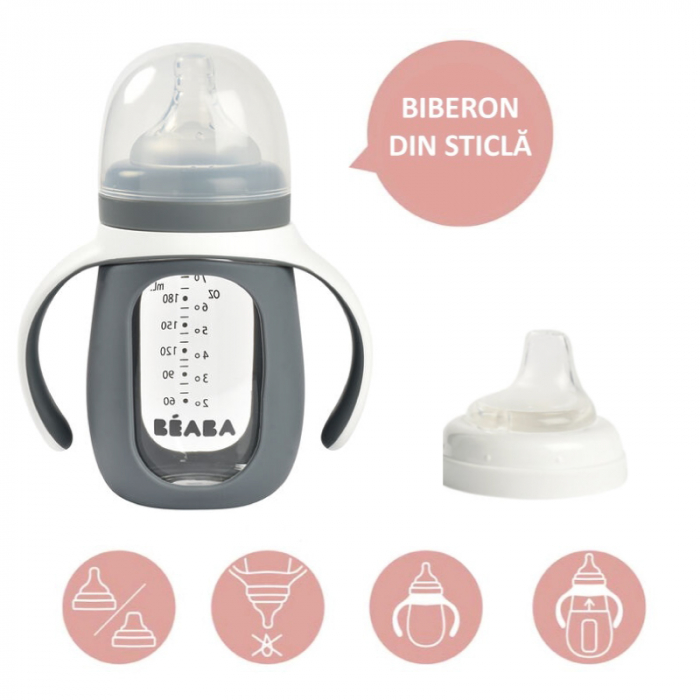 Biberon de invatare 2 in 1 din Sticla Beaba 210 ml Mineral Grey [3]