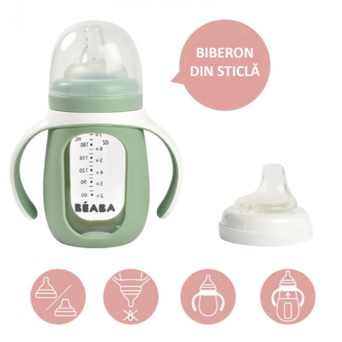 Biberon de invatare 2 in 1 din Sticla Beaba 210 ml Sage Green [3]