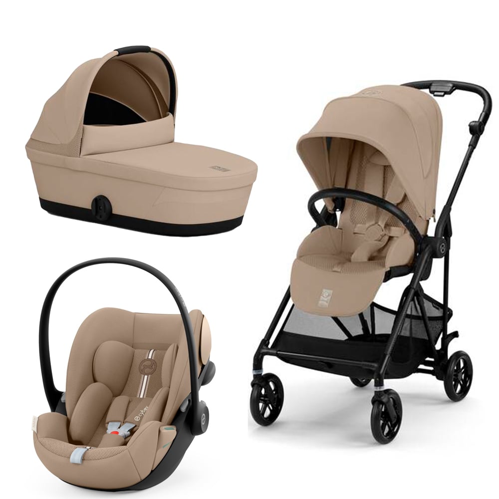 Carucior Cybex Melio Carbon 3 in 1 Almond Beige cu Scoica Auto Cloud G i-Size Plus reclinabila