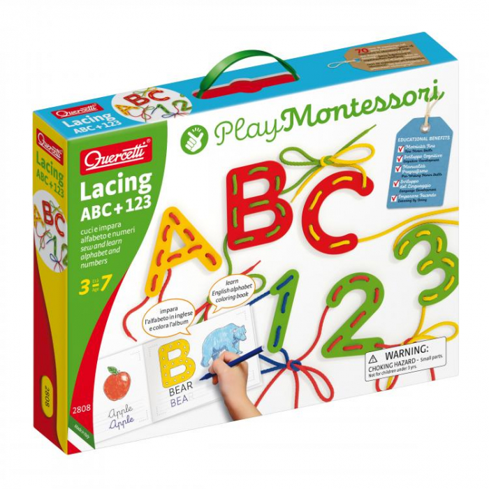 Joc Quercetti cu sireturi Montessori ABC+123 Jucarii educative