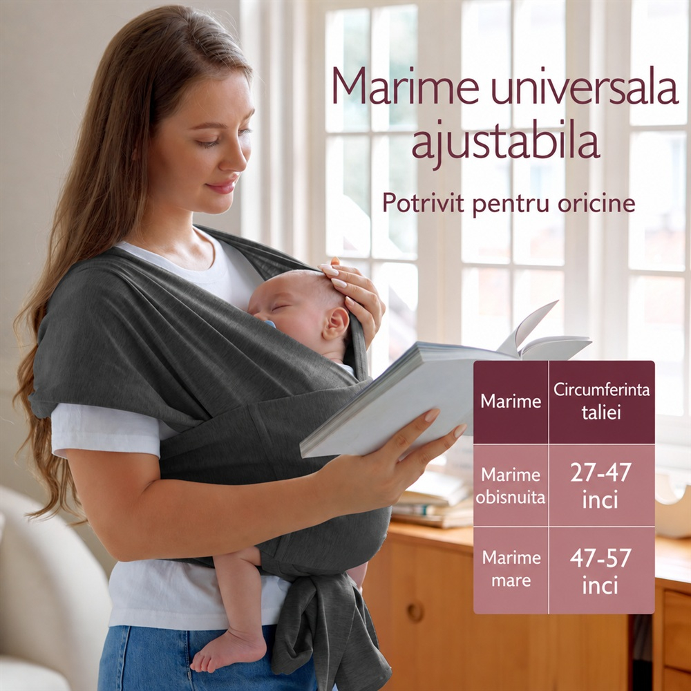 Wrap elastic bebe Momcozy Dark Grey, de la nastere [7]