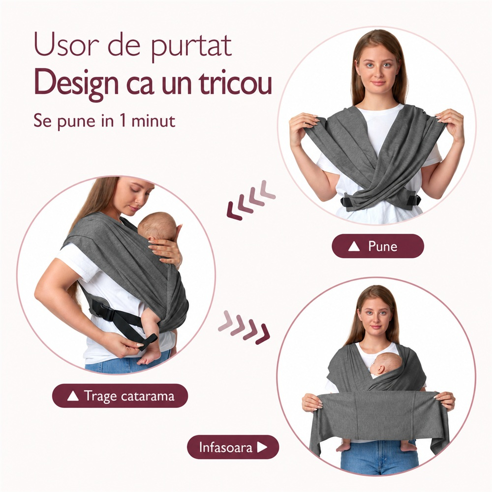 Wrap elastic bebe Momcozy Light Brown, de la nastere [3]