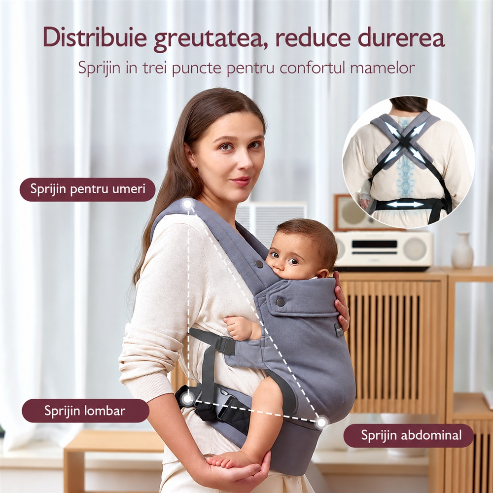 Marsupiu ergonomic Momcozy PureHug 3 in 1 bumbac Grey [8]