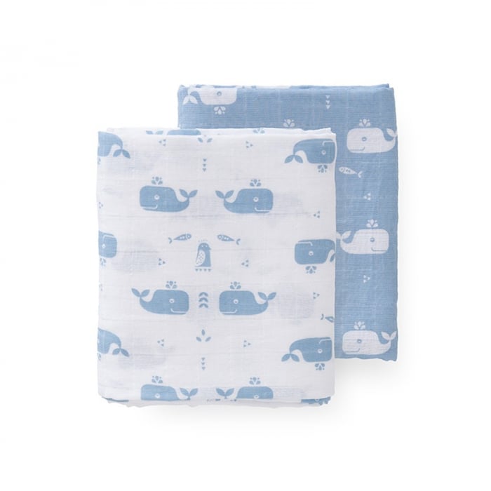 Set 2 paturici muselina Fresk pentru infasat 120x120 cm Whale Blue