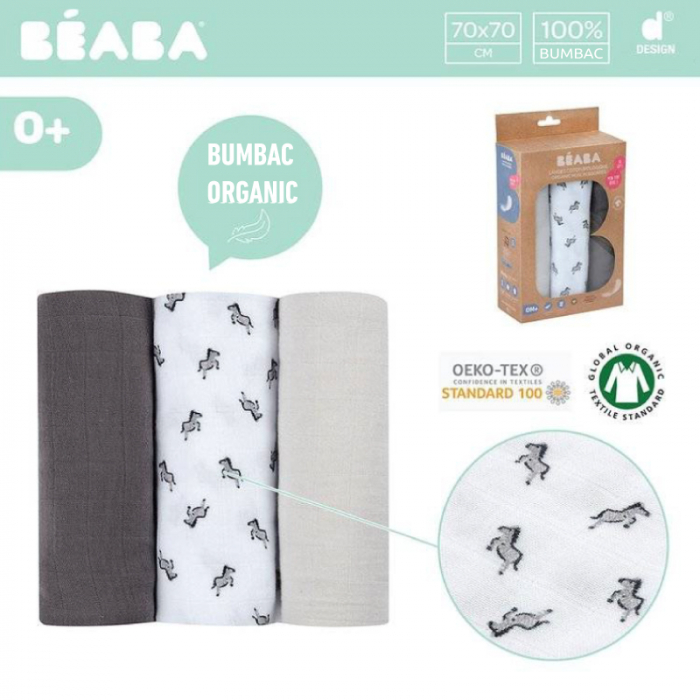Set 3 Museline Beaba bumbac organic 70x70 cm Savana Grey [6]