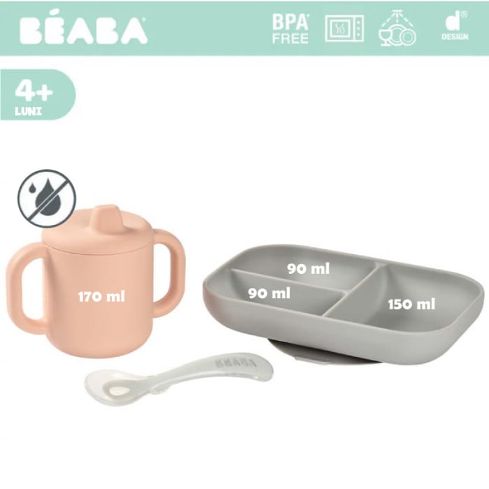 Set de masa silicon cu cana Beaba Old Pink [4]
