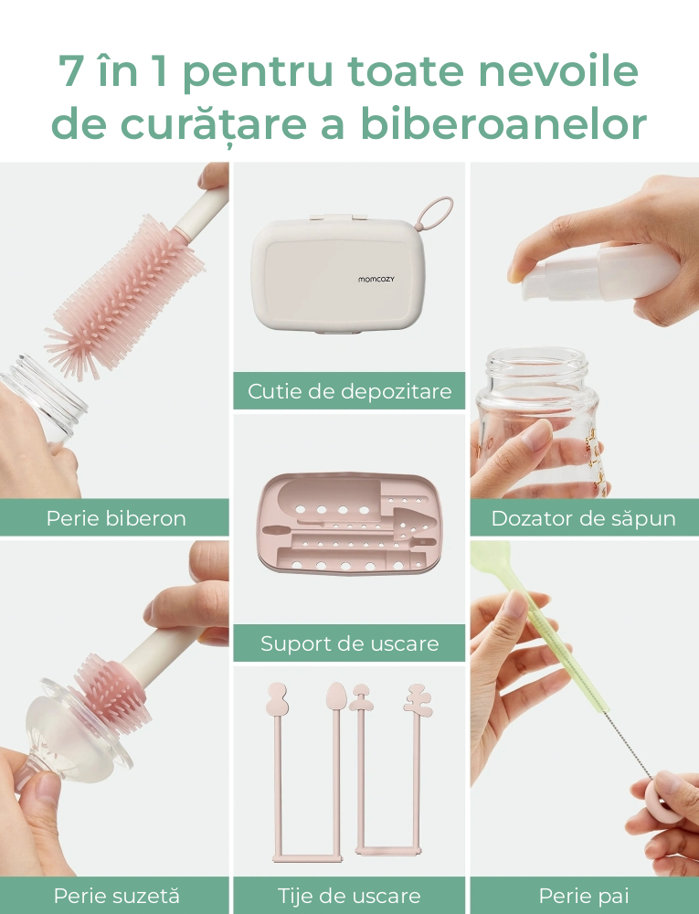 Set de perii pentru biberoane Momcozy 7 in 1 din silicon Pink [5]