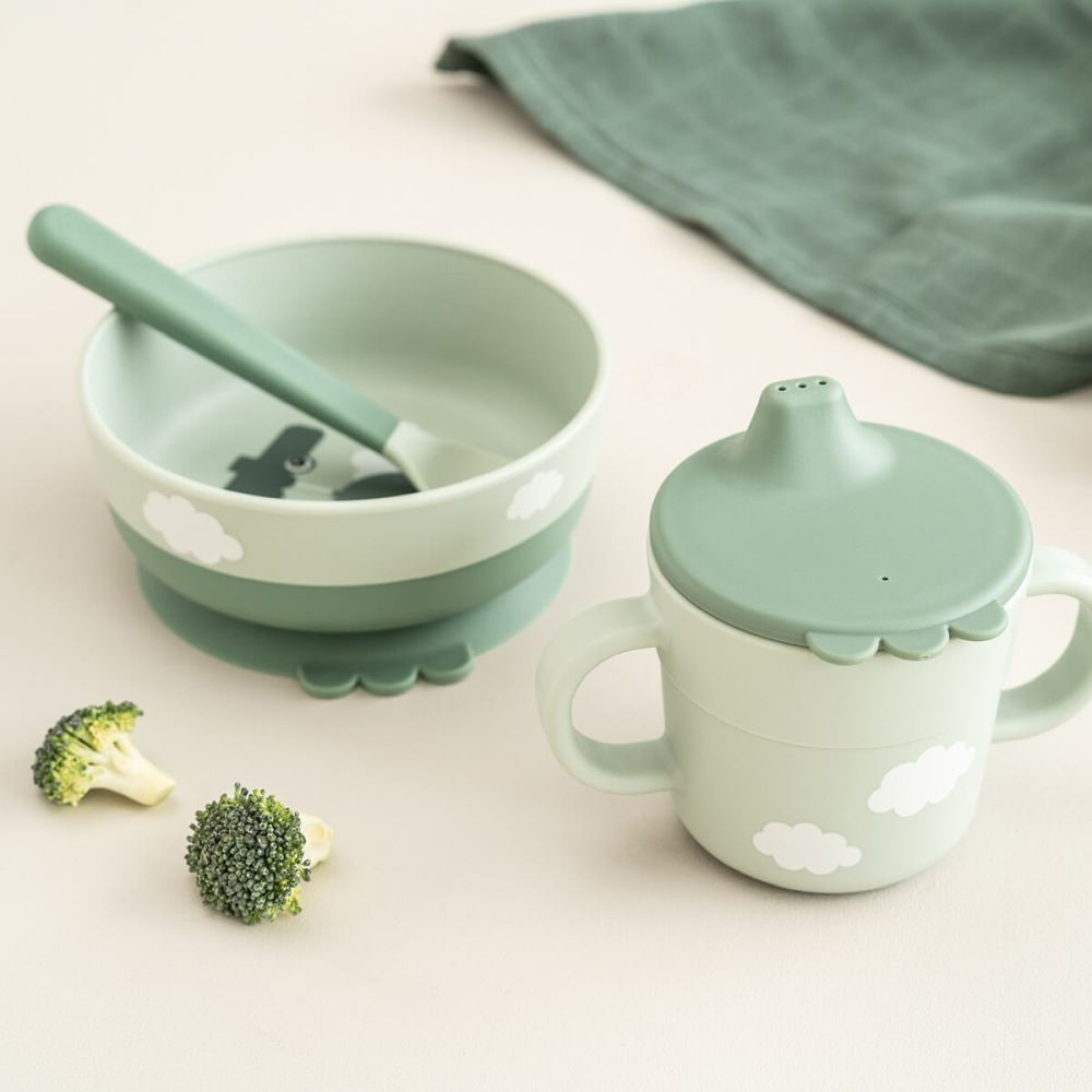 Set pentru primele mese cu ventuza Done by Deer Foodie Happy Clouds Green [10]