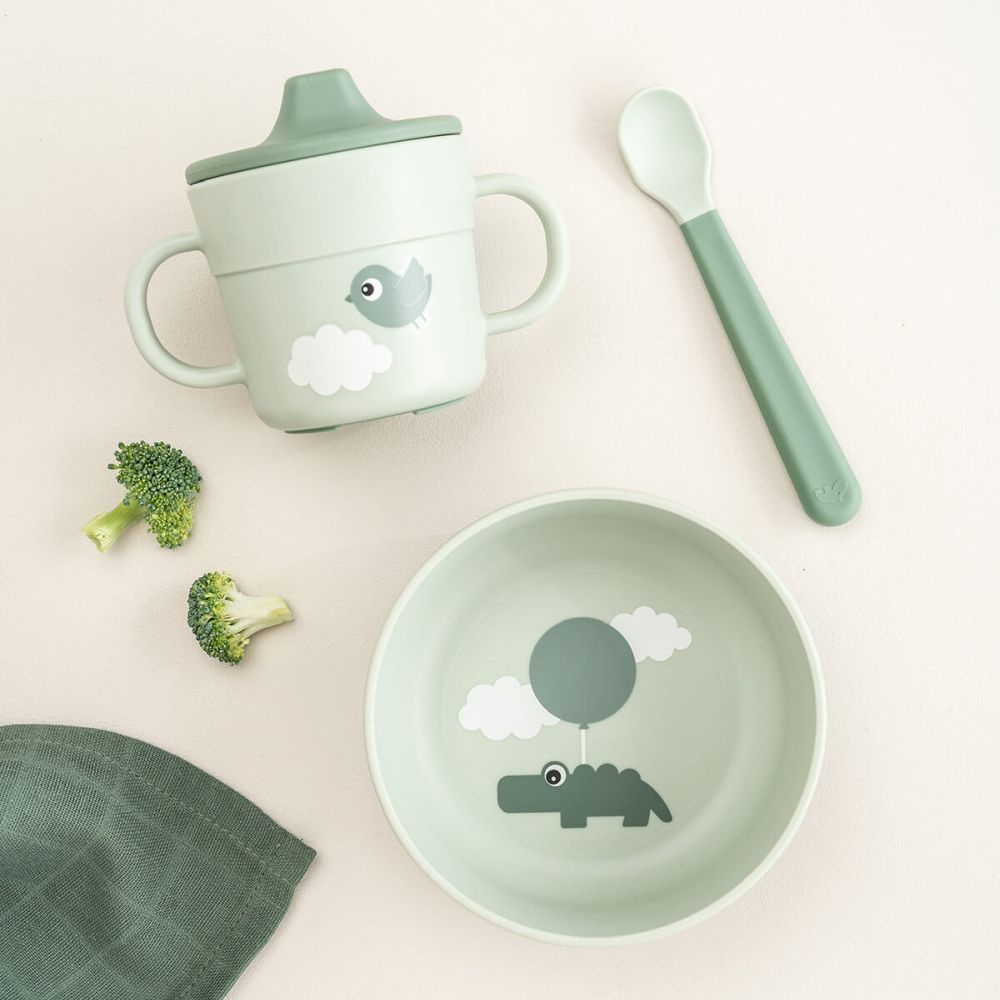 Set pentru primele mese cu ventuza Done by Deer Foodie Happy Clouds Green [9]