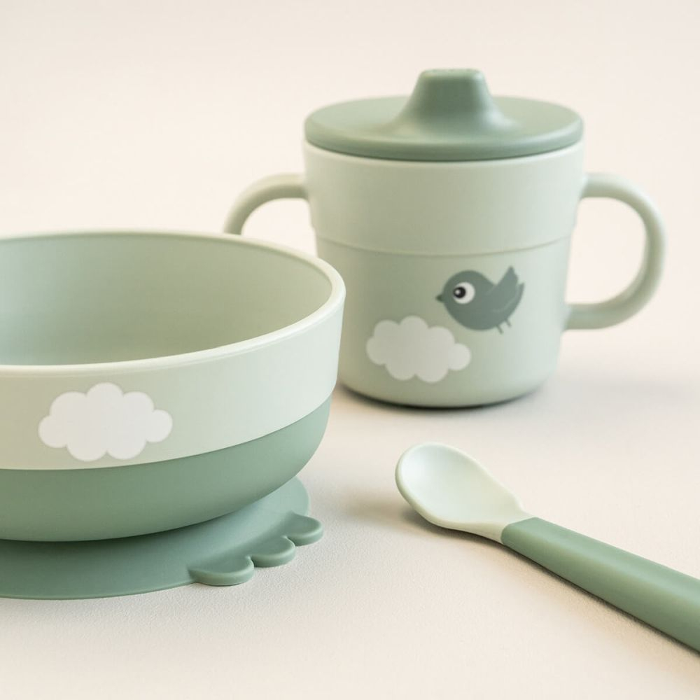 Set pentru primele mese cu ventuza Done by Deer Foodie Happy Clouds Green [7]
