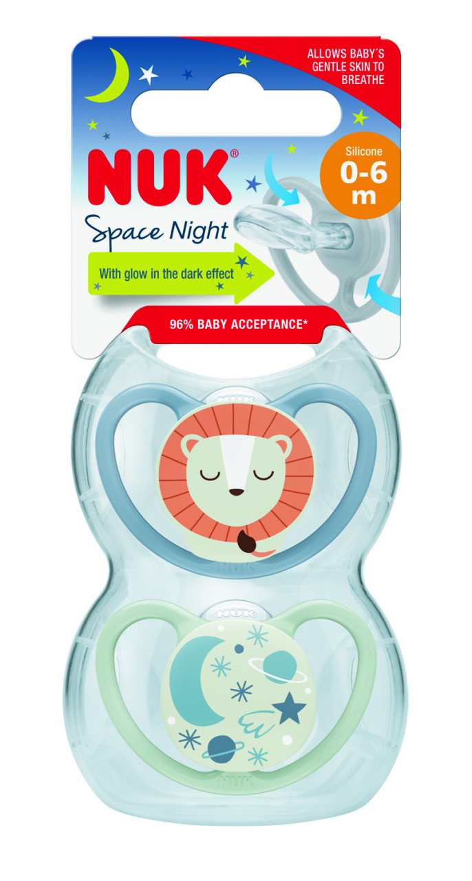 Suzeta Nuk Space Night Silicon 0-6 luni Leu, Set 2 Bucati