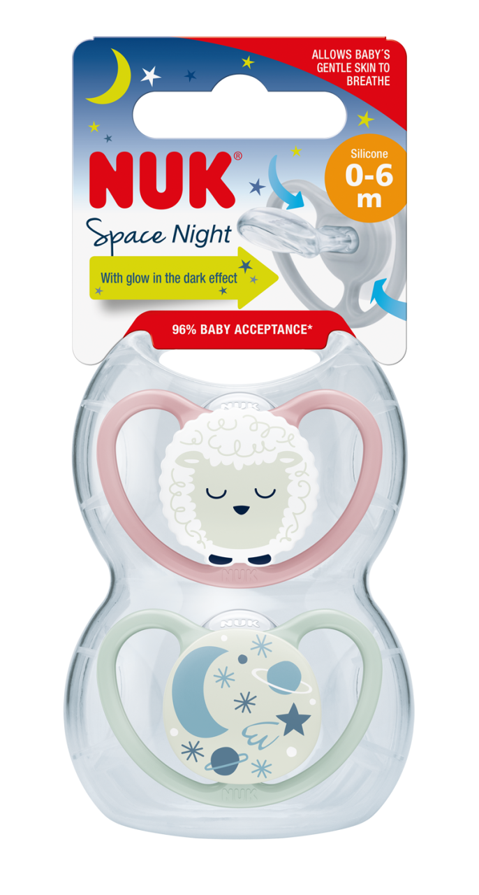 Suzeta Nuk Space Night Silicon 0-6 luni Fete, Set 2 Bucati
