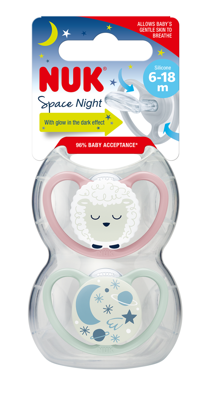 Suzeta Nuk Space Night Silicon 6-18 luni Fete, Set 2 Bucati