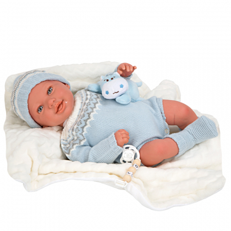 Papusi si accesorii - Papusa Reborn bebelus realist Arias Ibai 45 cm cu patura si animal de plus-Resigilat