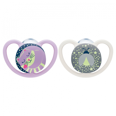 Biberoane tetine suzete - Suzeta Nuk Space Night Silicon 0-6 luni Roz, Set 2 Bucati