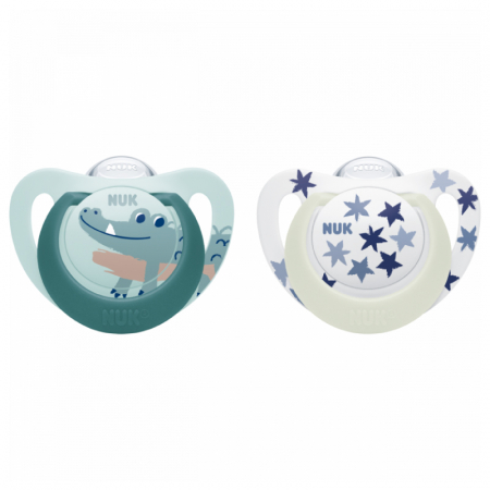Biberoane tetine suzete - Suzeta Nuk Star Day & Night Silicon 6-18 luni M2 Vernil, Set 2 Bucati
