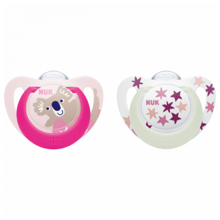 Biberoane tetine suzete - Suzeta Nuk Star Day & Night Silicon 6-18 luni M2 Roz, Set 2 Bucati