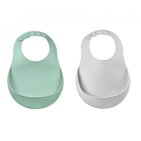Articole hranire copii - Set 2 Bavete silicon Beaba Light Mist/Sage Green