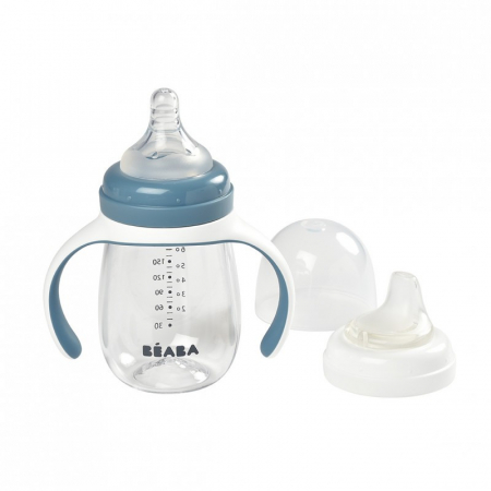 Biberoane tetine suzete - Biberon de invatare 2 in 1 din Tritan Beaba 210 ml Windy Blue