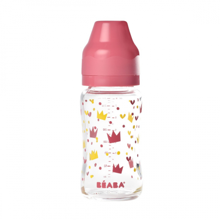 Biberoane tetine suzete - Biberon din sticla cu gat larg Beaba Crown 240 ml Pink