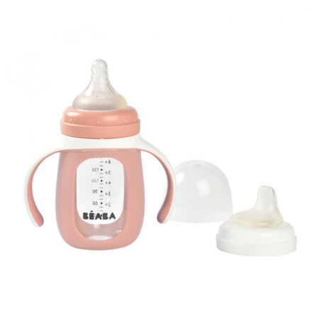 Biberoane tetine suzete - Biberon de invatare 2 in 1 din Sticla Beaba 210 ml Old Pink