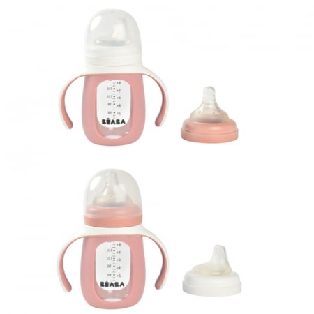 Biberon de invatare 2 in 1 din Sticla Beaba 210 ml Old Pink [2]