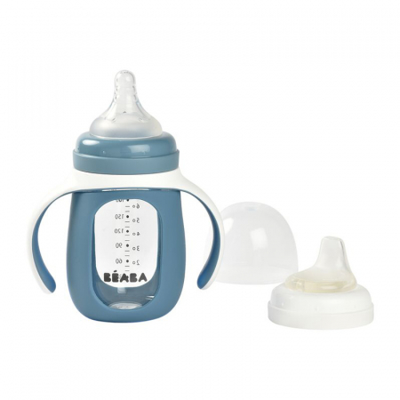 Biberoane tetine suzete - Biberon de invatare 2 in 1 din Sticla Beaba 210 ml Windy Blue