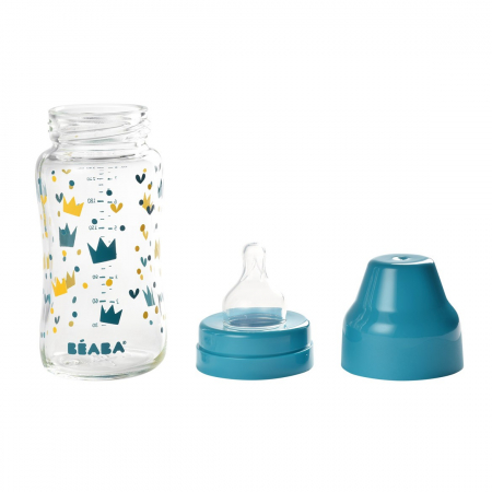 Biberon din sticla cu gat larg Beaba Crown 240 ml Bleu [1]