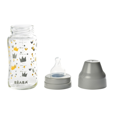 Biberon din sticla cu gat larg Beaba Crown 240 ml Grey [1]
